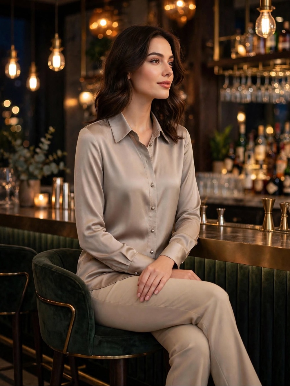 Ravella Button-Down Silk Blouse in Beige